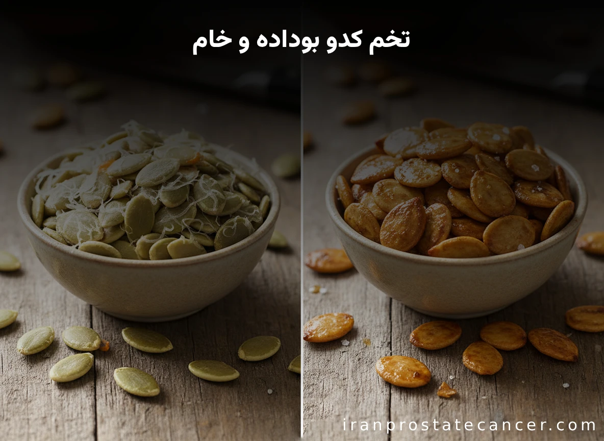 تصویری مقایسهای از تخم کدو خام و بوداده