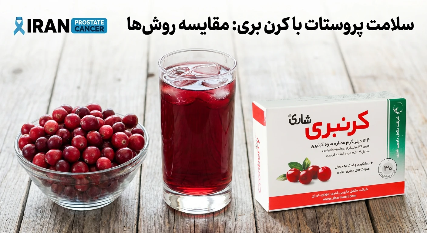 تصویری مقایسهای از میوه تازه زغال اخته، یک لیوان آب آن و یک بسته مکمل کپسولی کرن بری